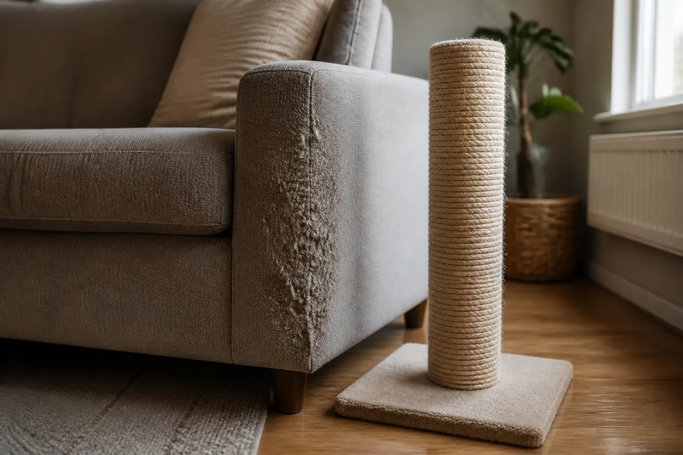 A sisal scratching post standing directly beside the scratched corner of a sofa