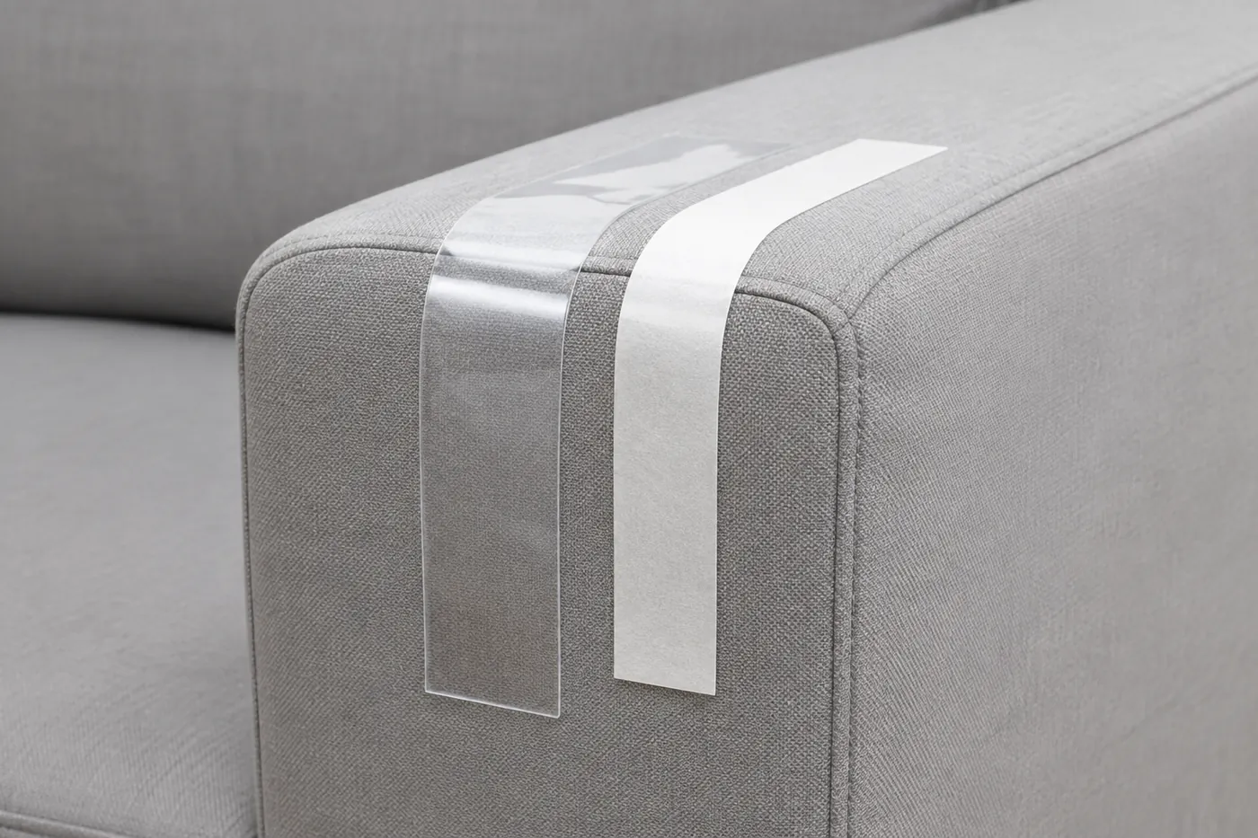 Clear vinyl guard and double sided tape on a sofa arm