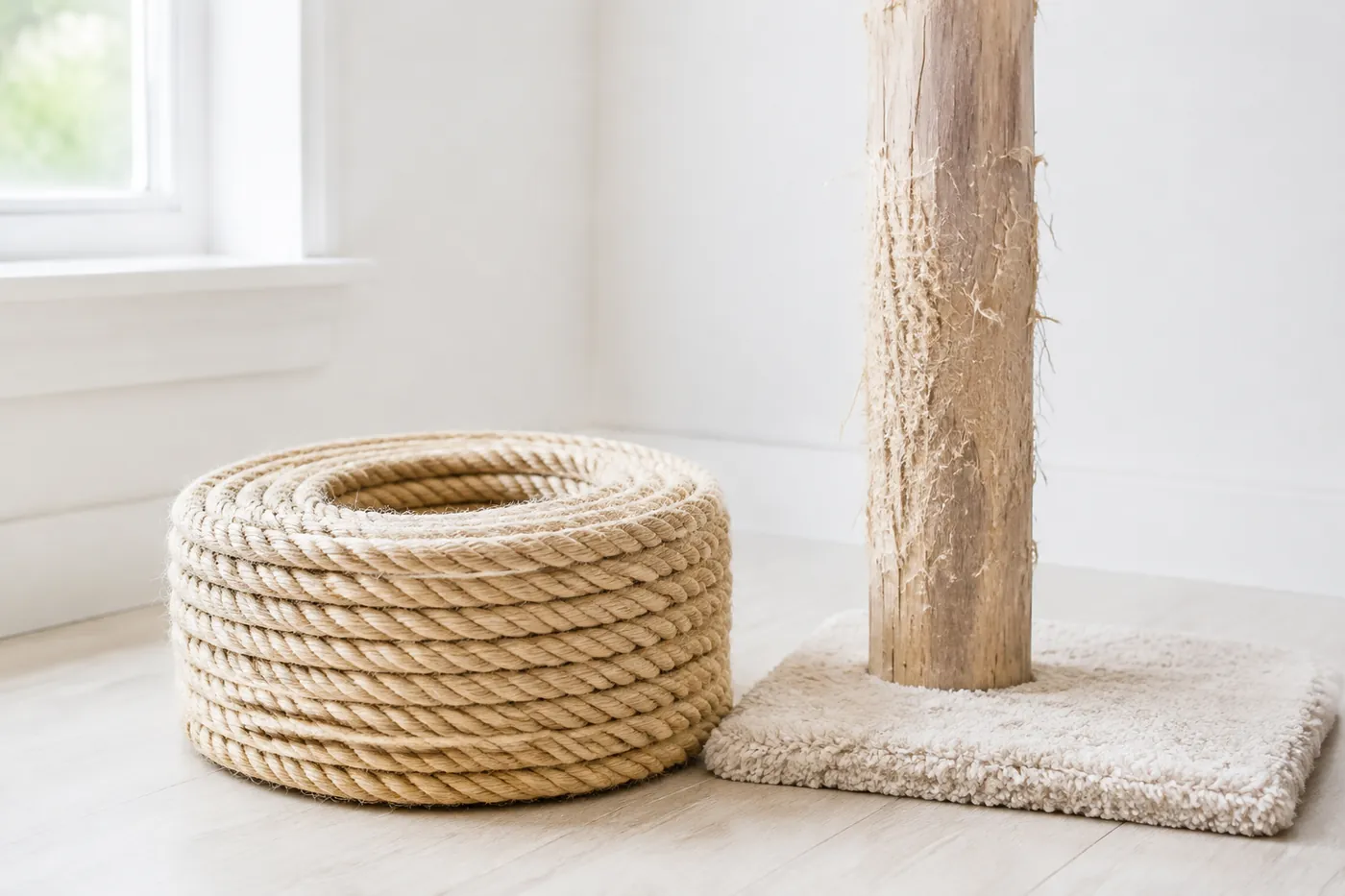 A roll of sisal rope beside a post with its old wrapping stripped