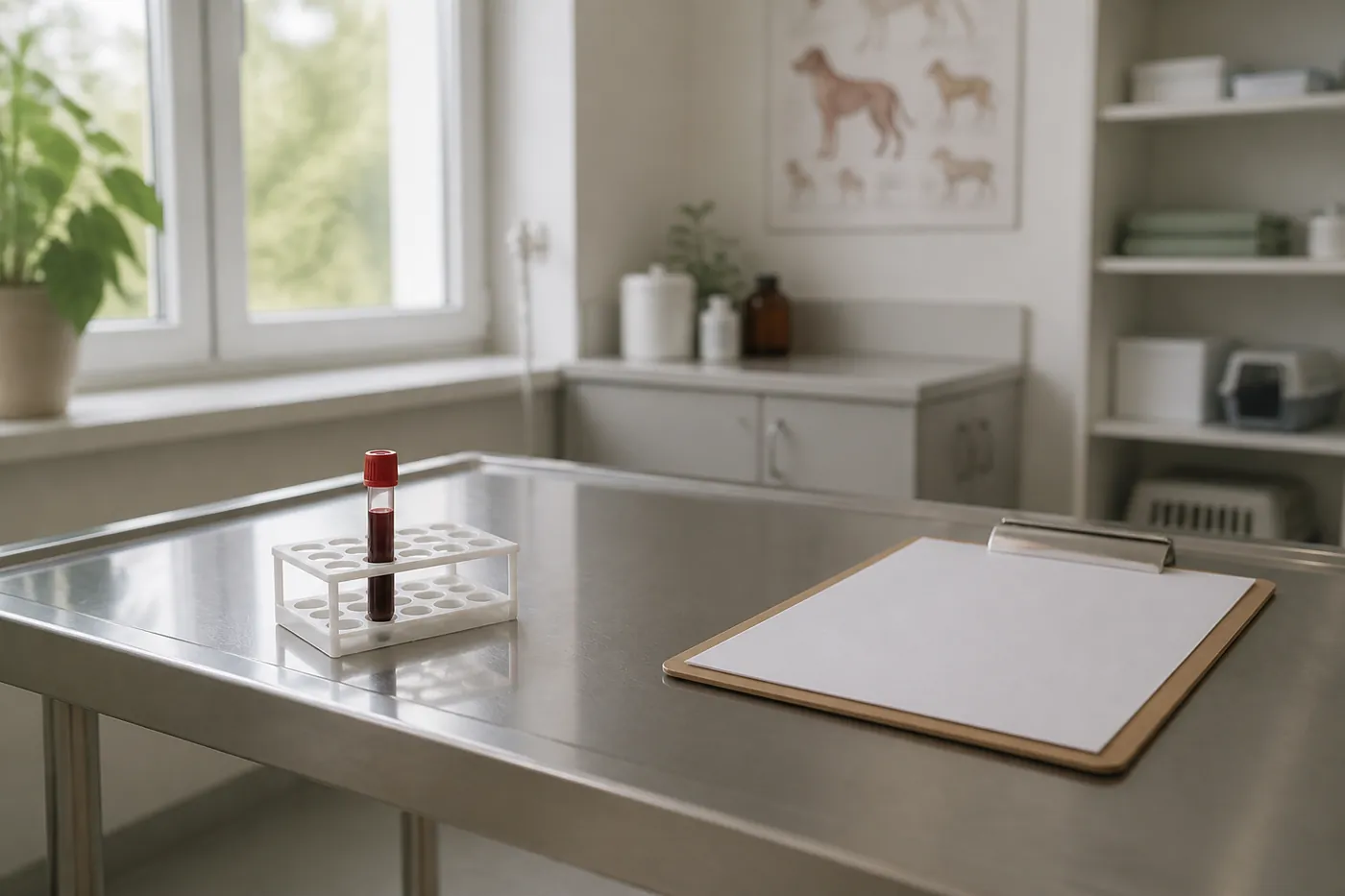 A clean veterinary consulting table with a blood sample tube and a clipboard