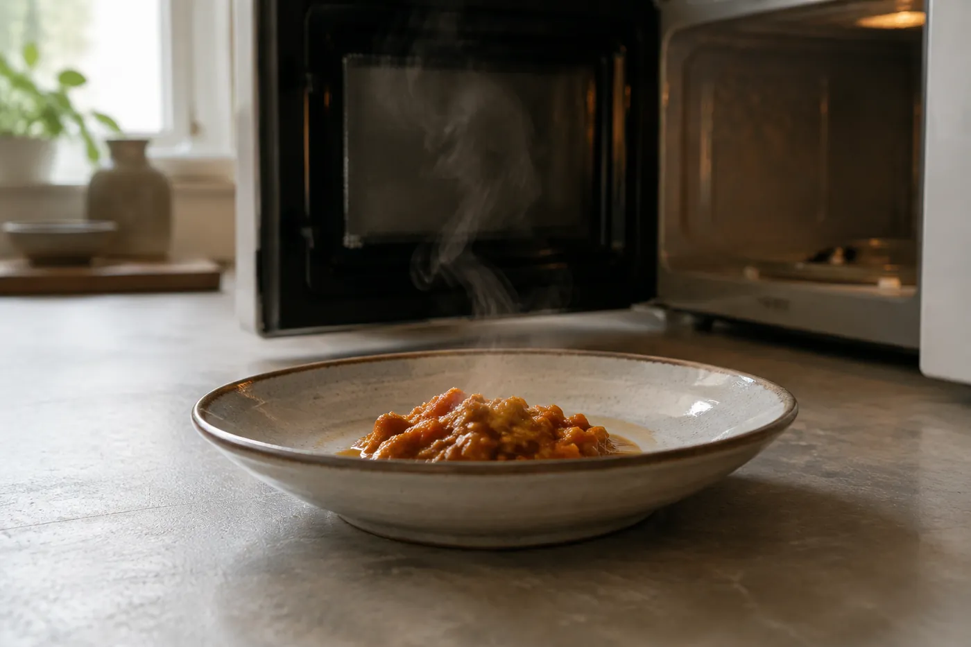 A shallow wide dish of gently warmed wet food beside a microwave