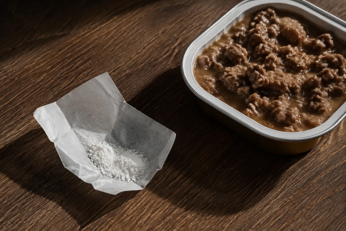A phosphate binder sachet beside a portioned meal