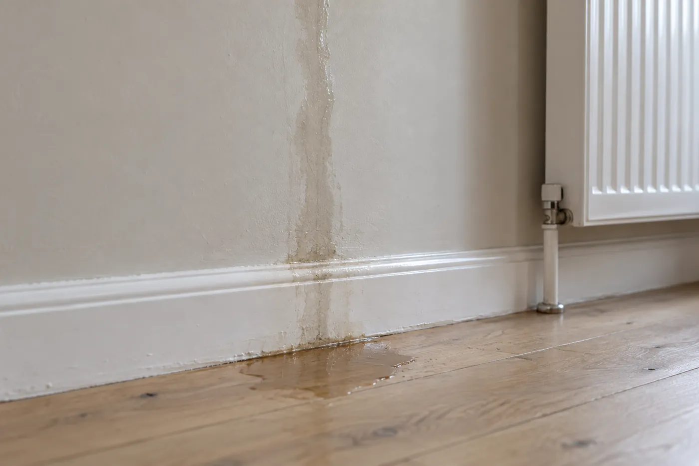 A narrow damp streak running down a painted wall into the skirting, ending in a small floor pool beside a radiator