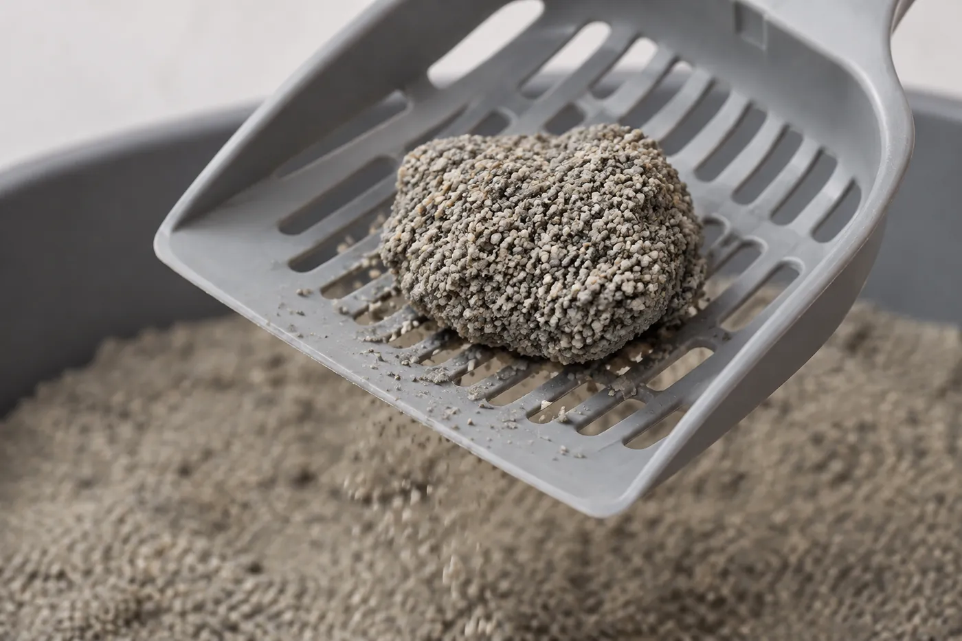 A solid clump of used litter held on a slotted scoop