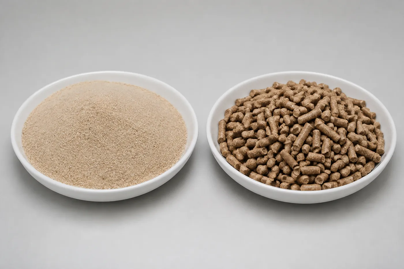 Fine sand-like litter and coarse pellets in two shallow dishes
