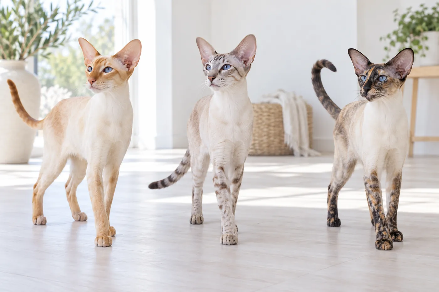 Three Colorpoint Shorthair cats showing red point, lynx point and tortie point coats at equal scale