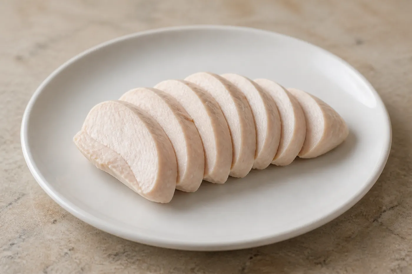 Plain poached chicken breast on a white plate with no seasoning or sauce