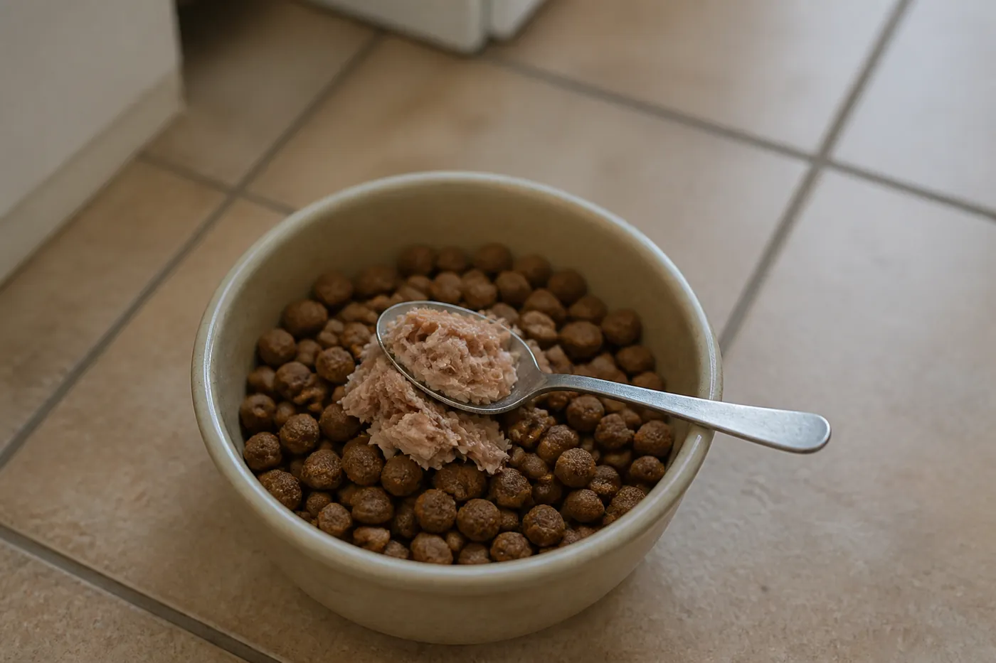 A tablespoon of shredded chicken beside a full bowl of cat food for scale