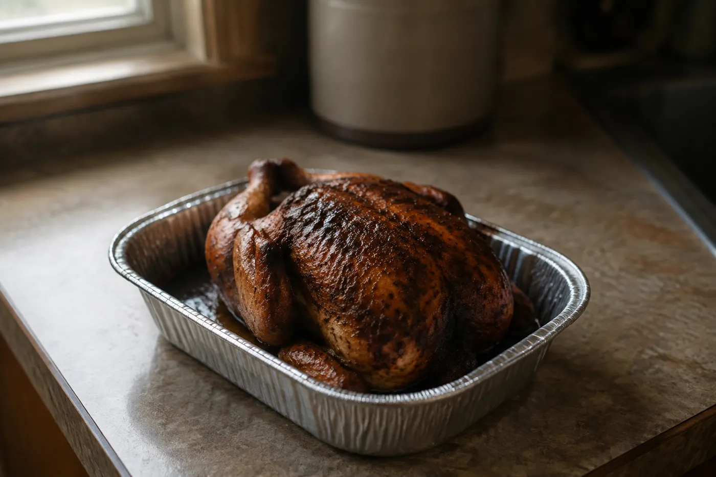 A supermarket rotisserie chicken with a browned seasoned skin