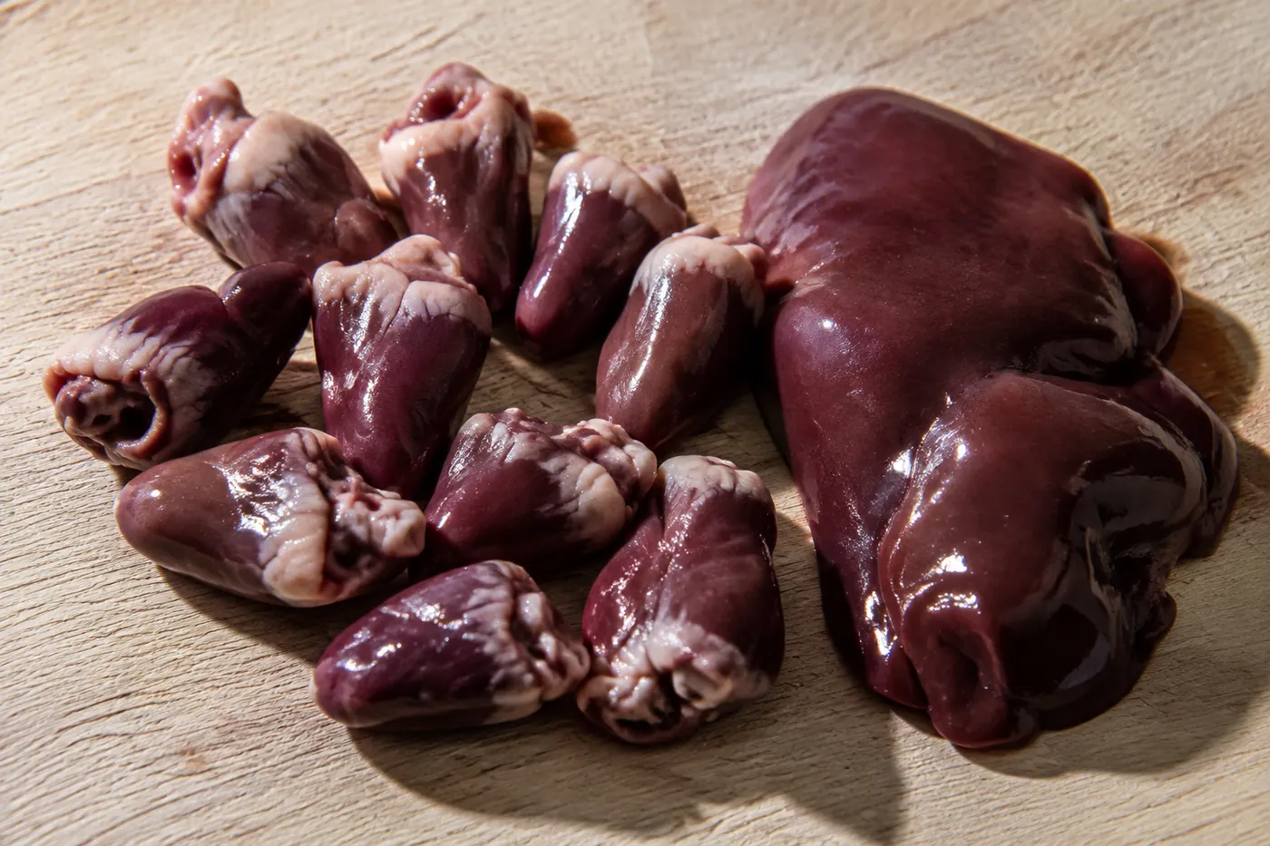 Chicken hearts and a piece of liver on a wooden board