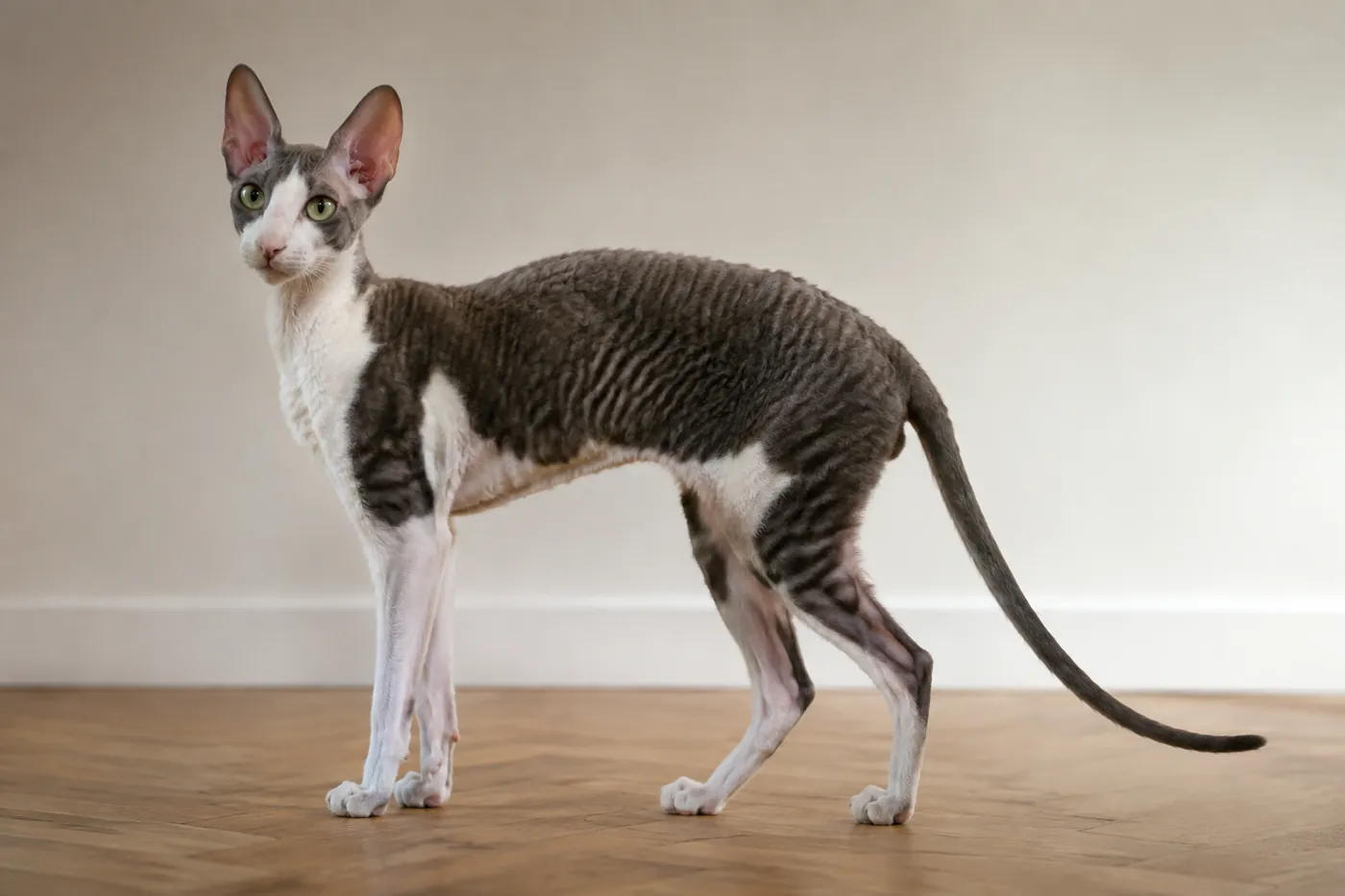 Standing side view of a Cornish Rex showing the arched back, long slender legs and long neck, with a small egg shaped head and large ears set high