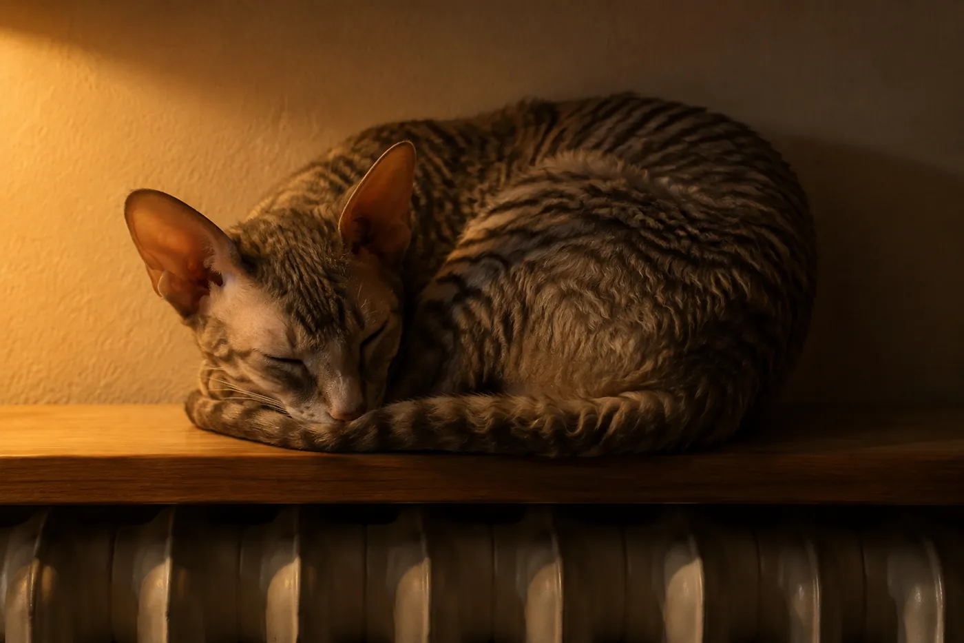A Cornish Rex curled on a radiator shelf against a warm wall