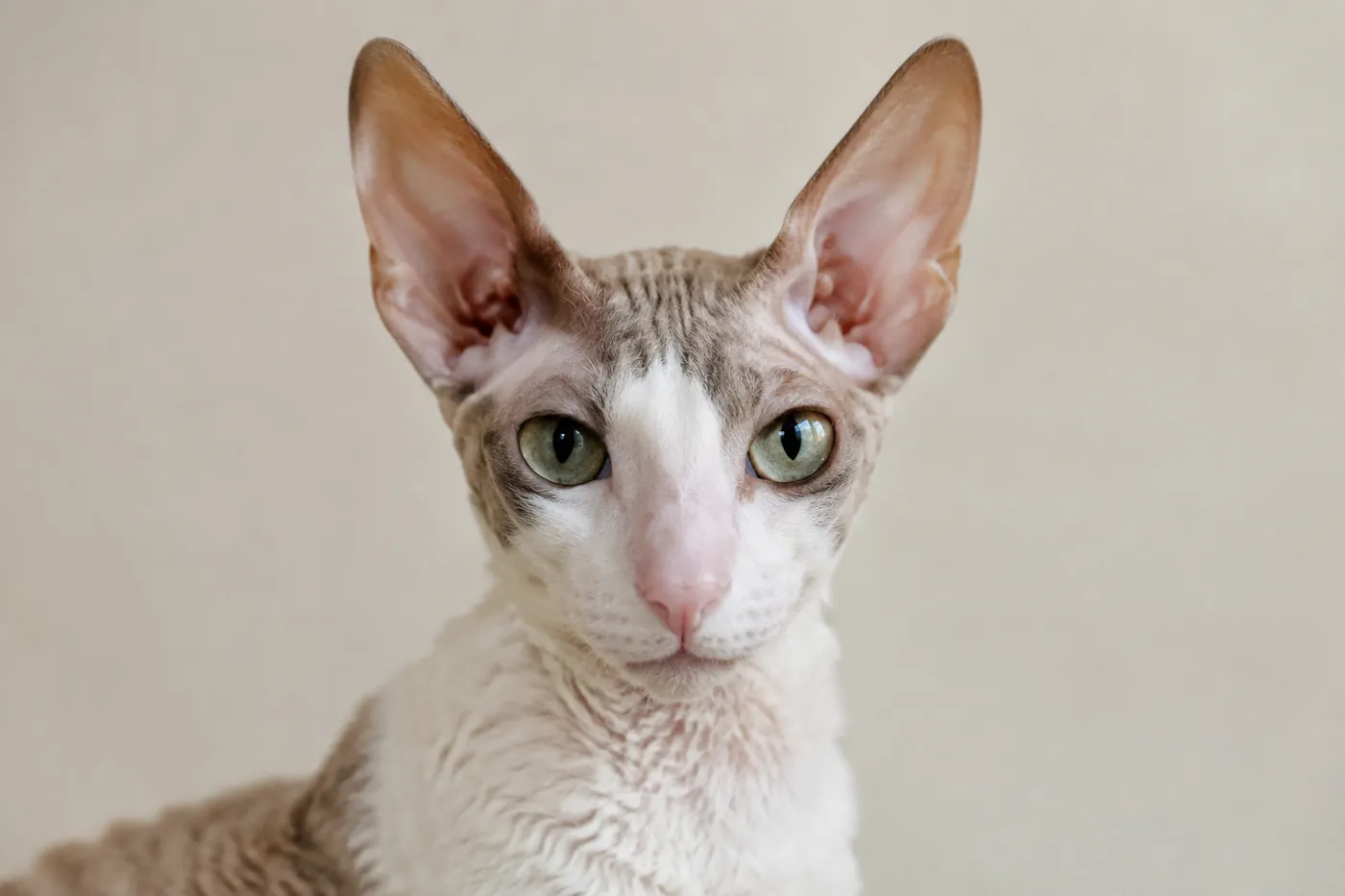 Front facing portrait of a Cornish Rex showing a narrow egg shaped head, a Roman nose and very large ears set high