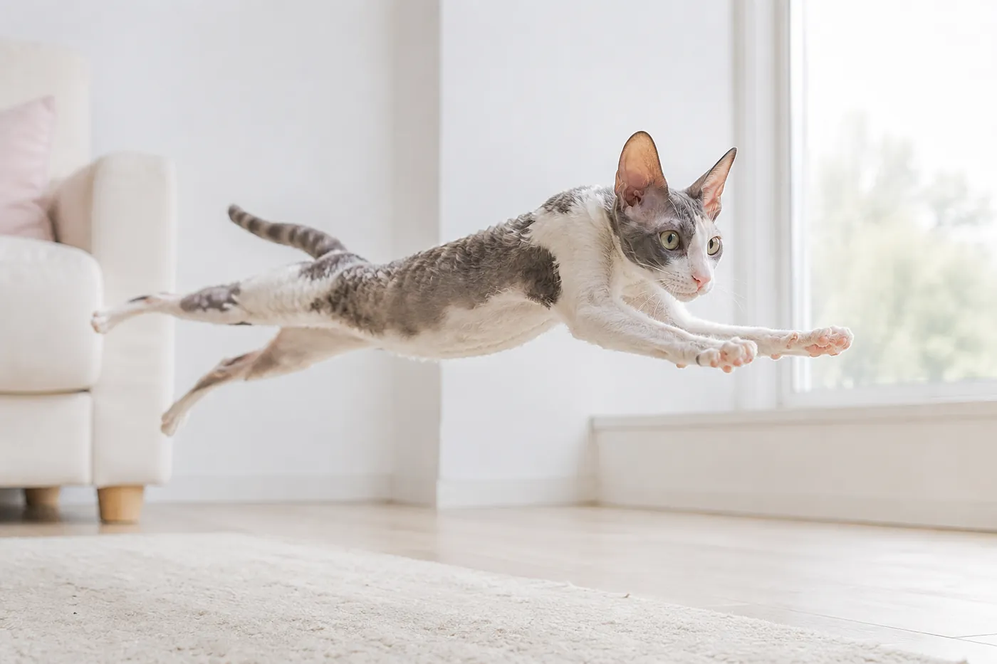A Cornish Rex at full stretch mid-leap towards a shelf