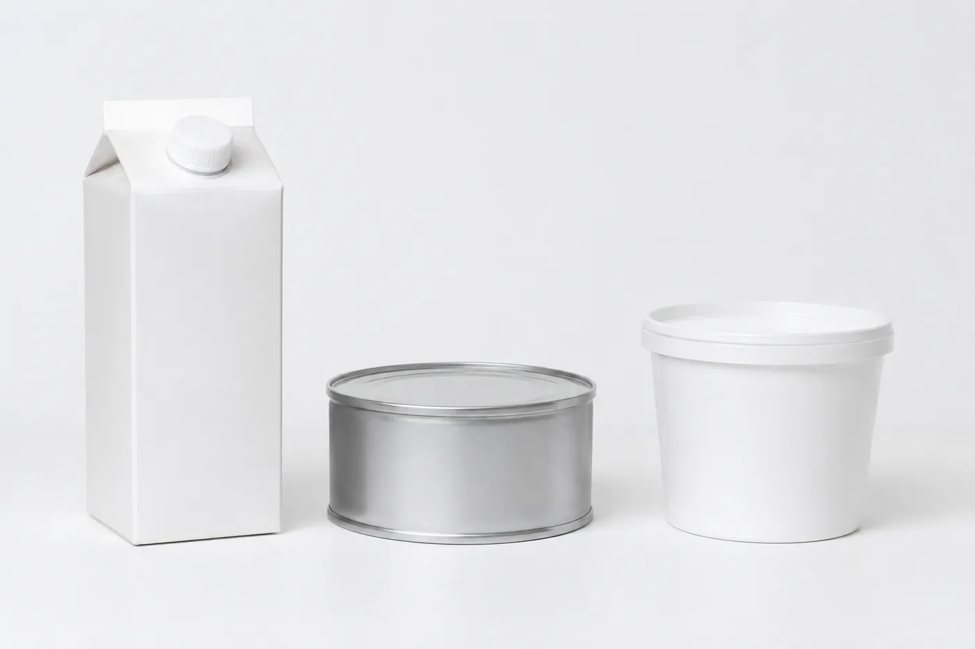 A goat milk carton, an evaporated milk tin and a cream pot together