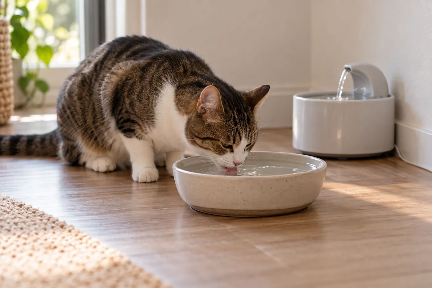 A cat drinking from a wide still water bowl, with a small flowing pet fountain standing nearby on the same floor