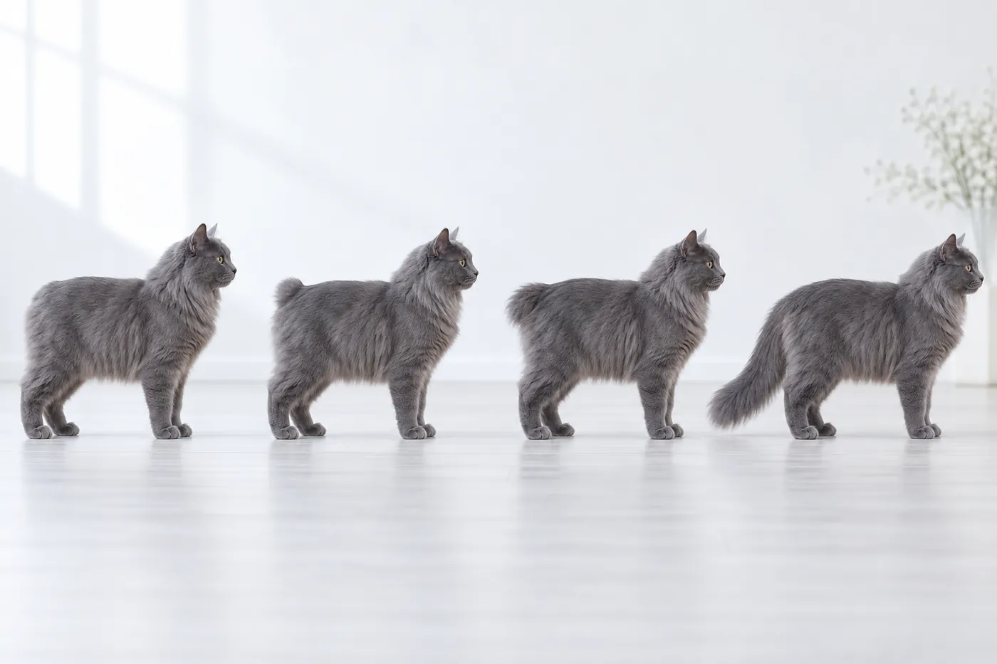 Four healthy longhaired Manx type cats in side profile showing no tail a small rise a short tail and a full tail