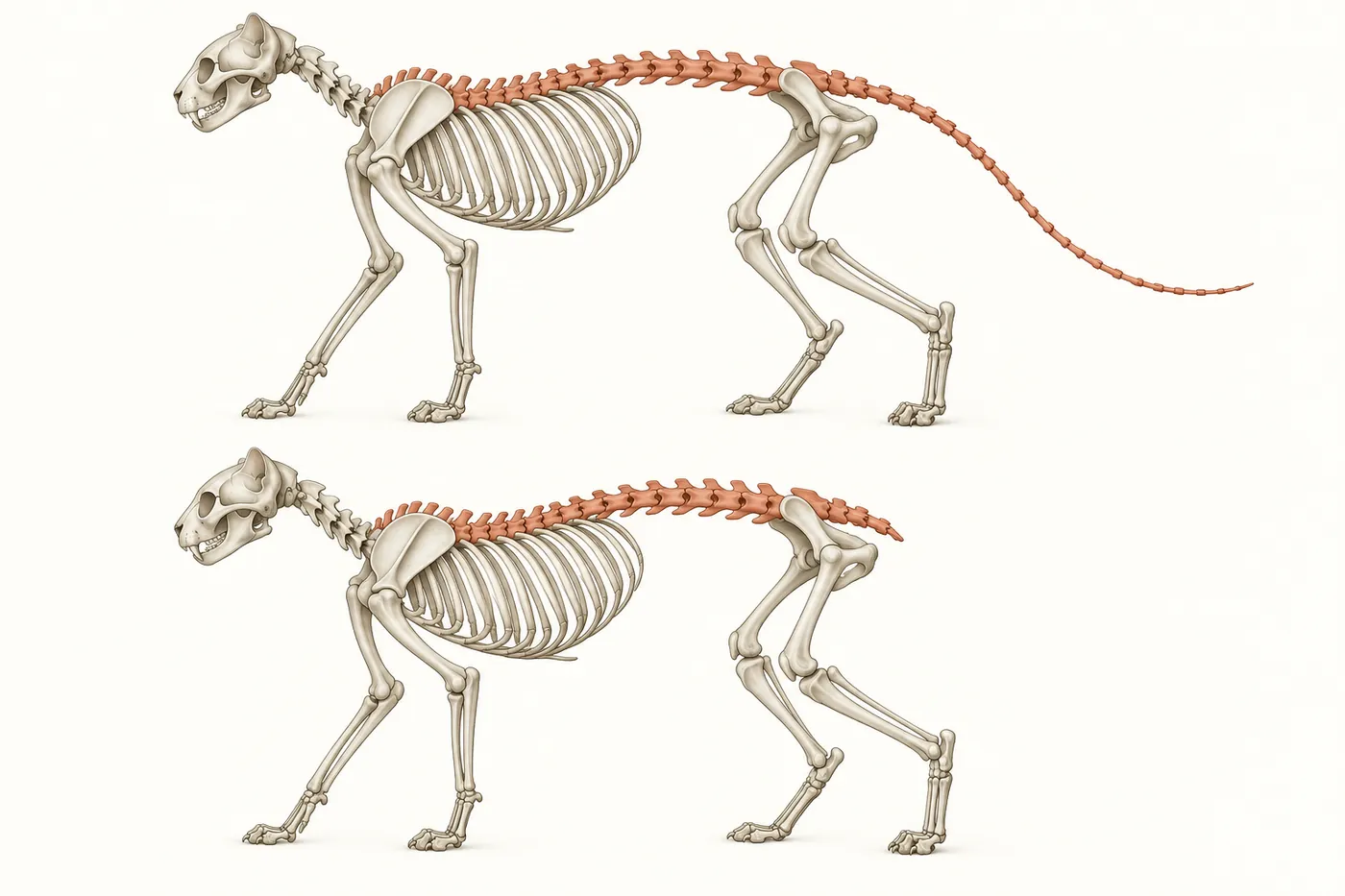 Educational illustration of a normal feline spine beside a shortened Manx type spine ending near the pelvis
