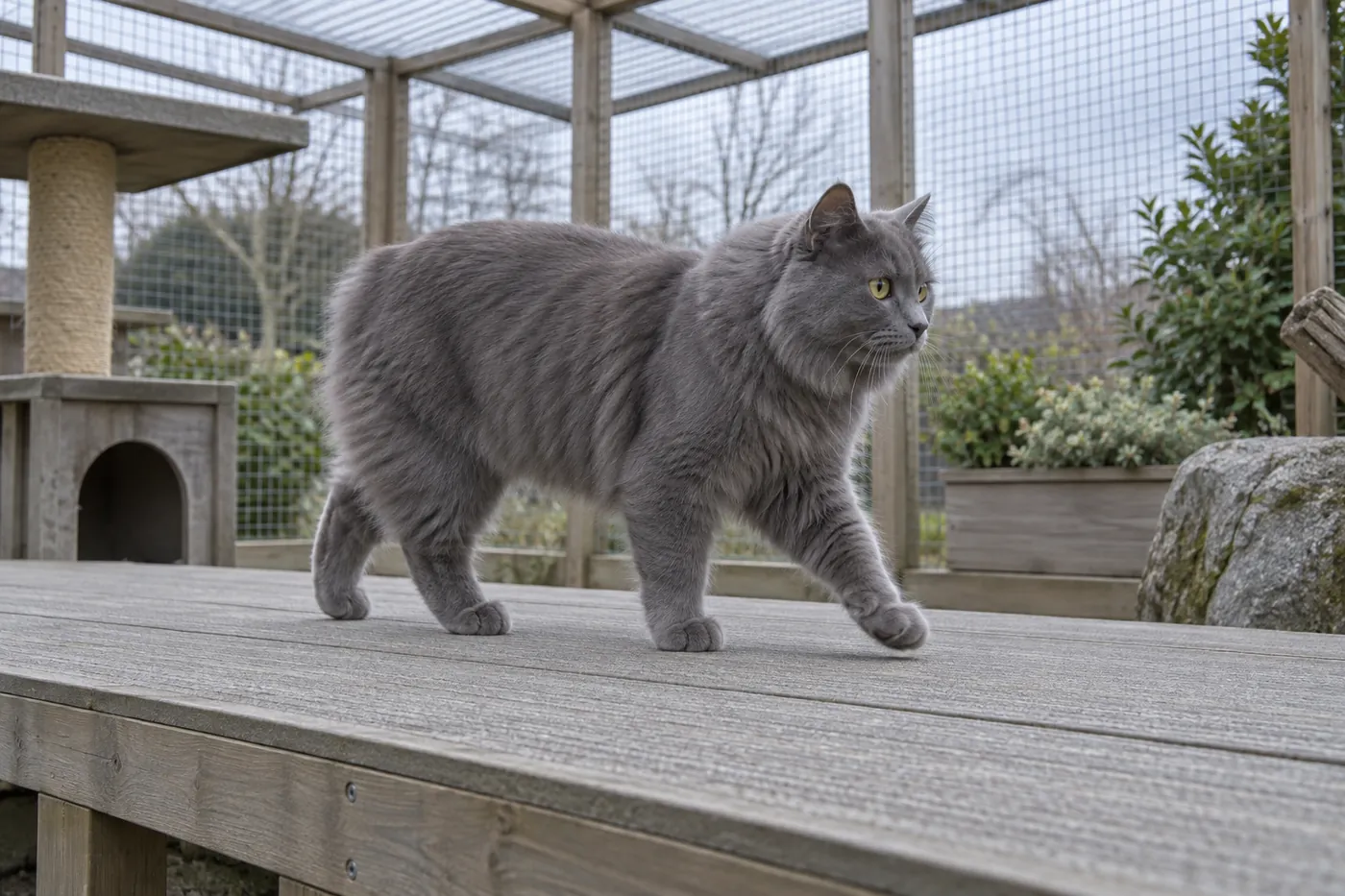A healthy longhaired blue Cymric walking across a low non-slip platform with all four feet visible