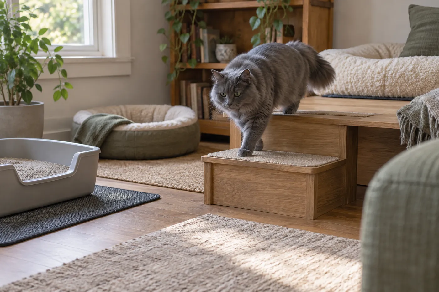 A healthy longhaired blue Cymric using shallow steps beside a low-entry litter tray and supported beds