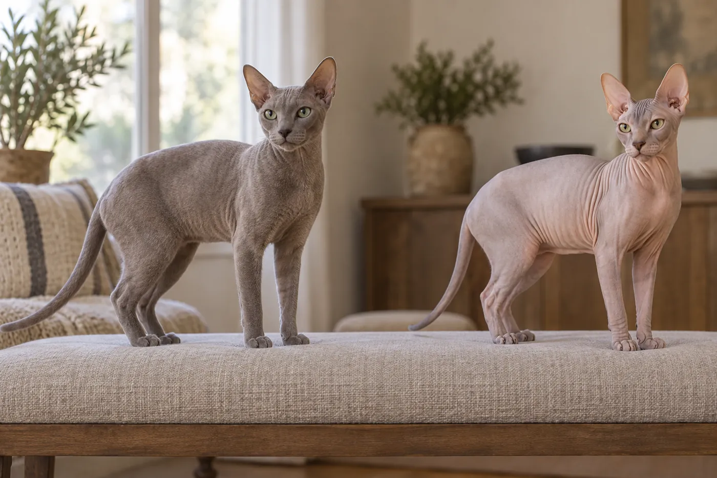 A healthy adult Donskoy with a fine velour coat standing beside a healthy nearly bare Donskoy