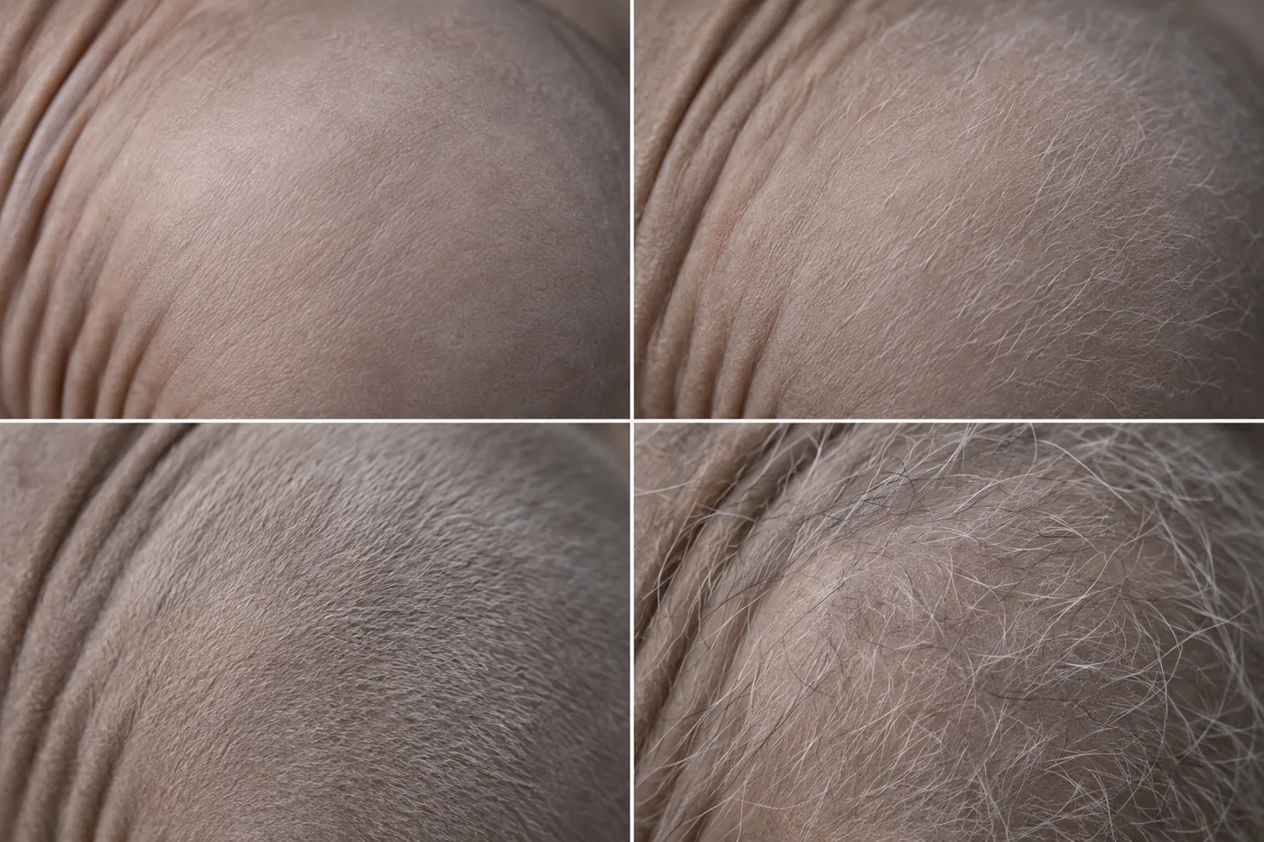 Four close feline coat sections showing bare skin fine flock soft velour and sparse wiry brush hair