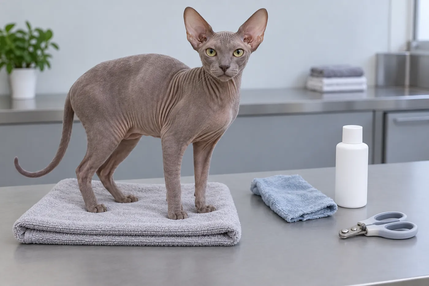 A calm Donskoy on a towel beside a soft cloth cat cleanser and nail clippers arranged for gentle care
