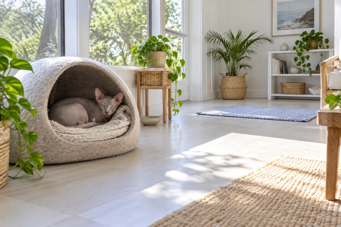 A Donskoy choosing a shaded warm bed beside a screened window with a bright sunlit patch farther away