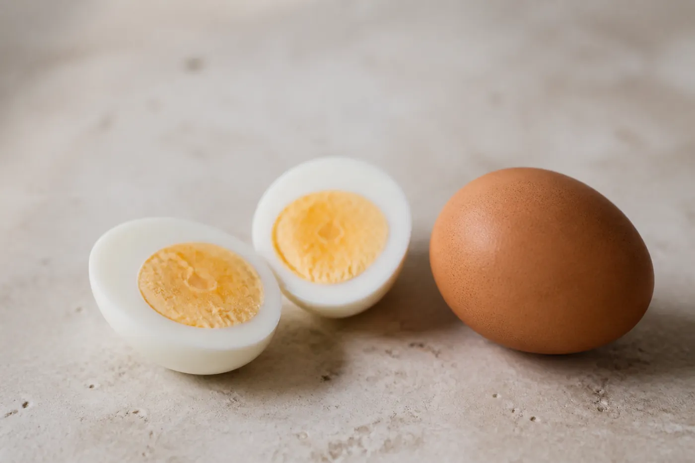 A cooked egg cut in half beside a whole raw egg in its shell on a stone surface