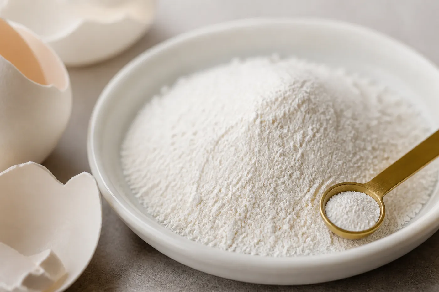 Dried eggshell ground to a fine powder in a small dish with a measuring spoon