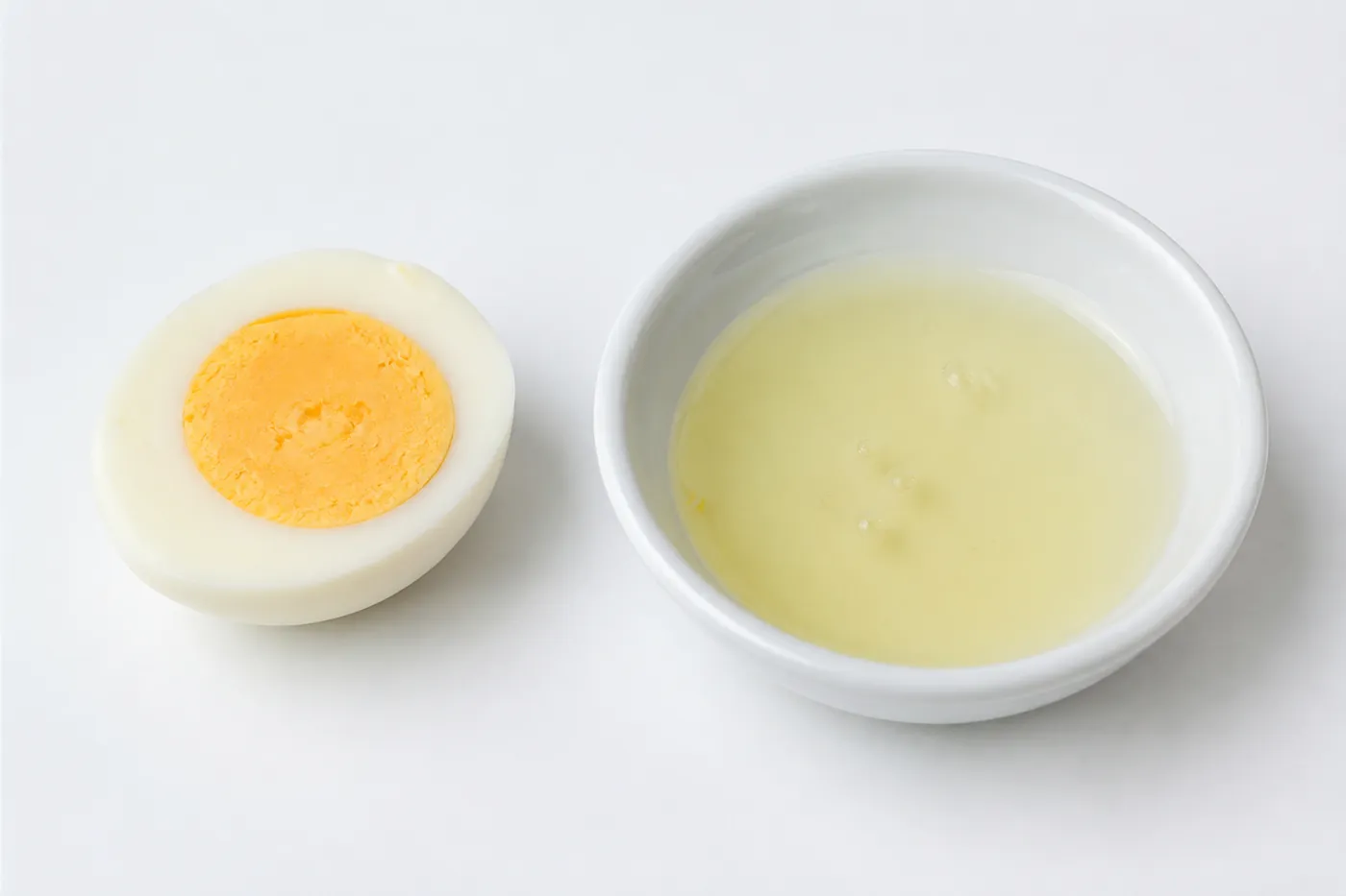 A firm opaque cooked egg white beside a translucent raw one