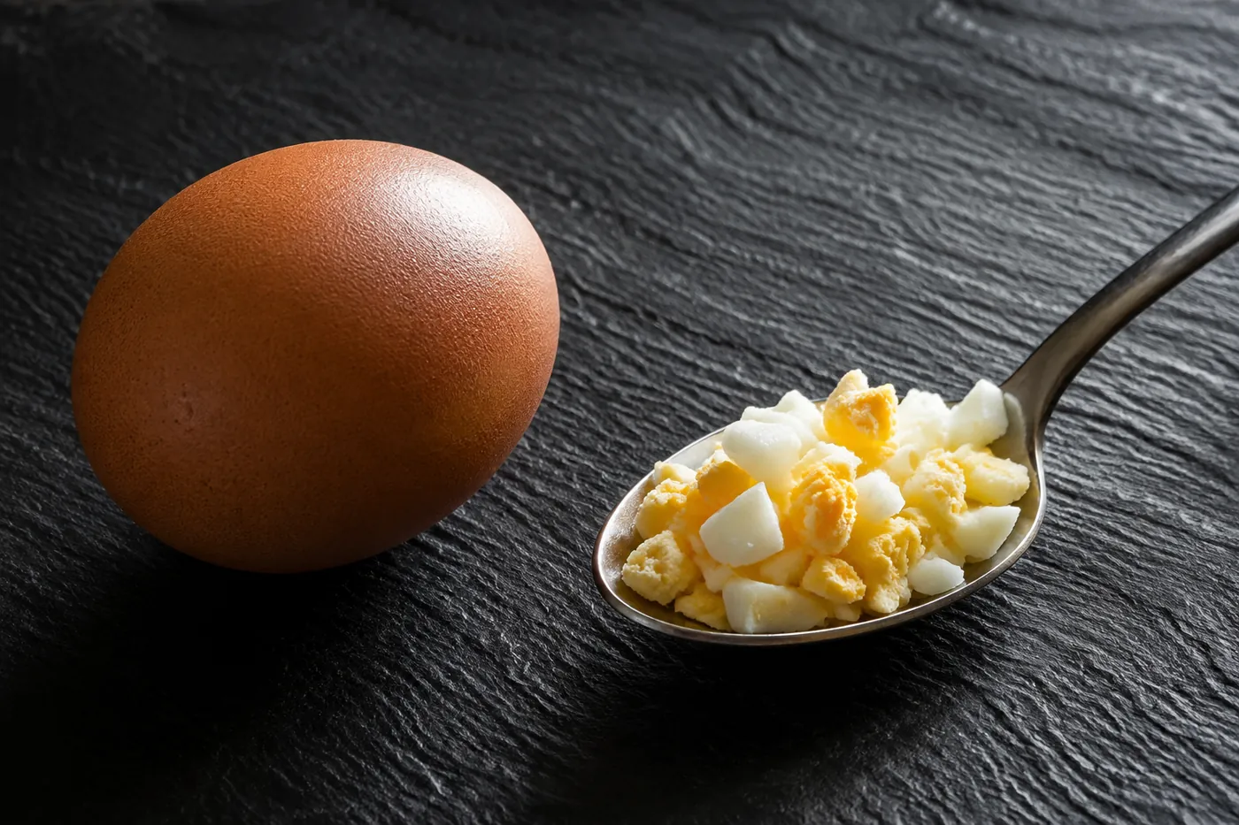 A whole egg beside a teaspoon holding a small portion of cooked egg