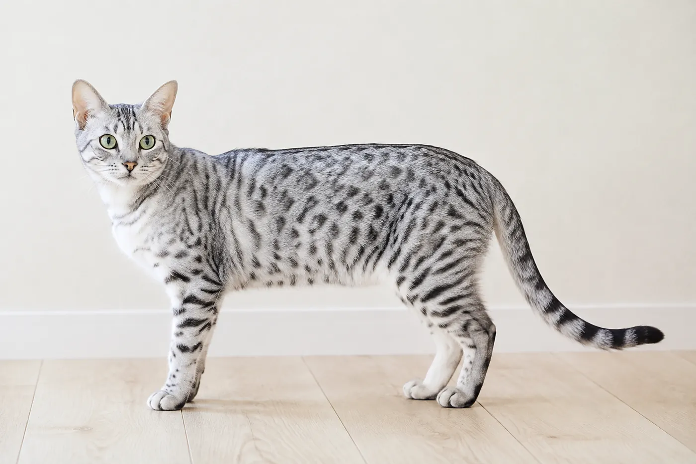 A silver Egyptian Mau standing side on, showing charcoal spots of varying size and shape on a pale silver ground