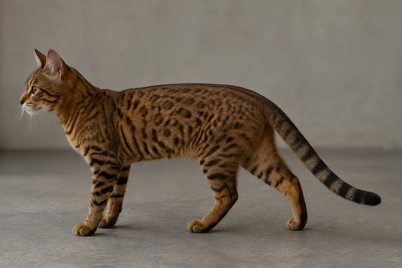 A bronze Egyptian Mau in profile showing dark brown spots on a warm rufous brown ground