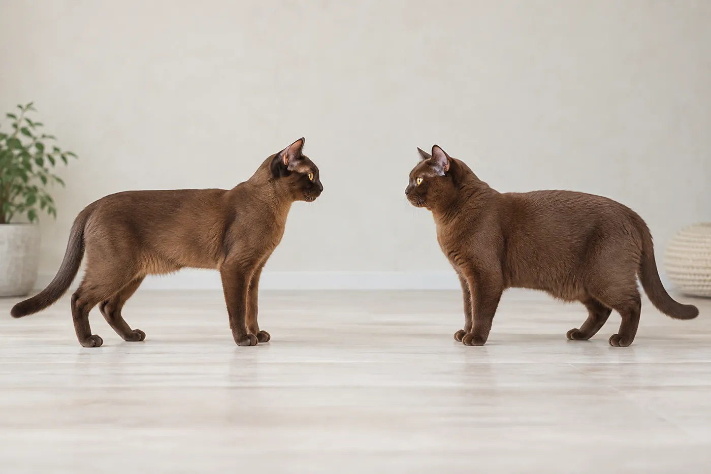 A European Burmese and an American Burmese standing at equal scale in side profile