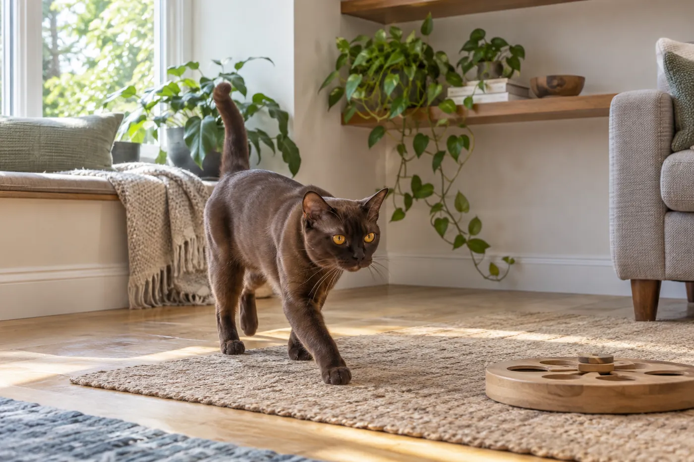 A European Burmese moving between a low puzzle feeder and stable climbing shelves in a living room