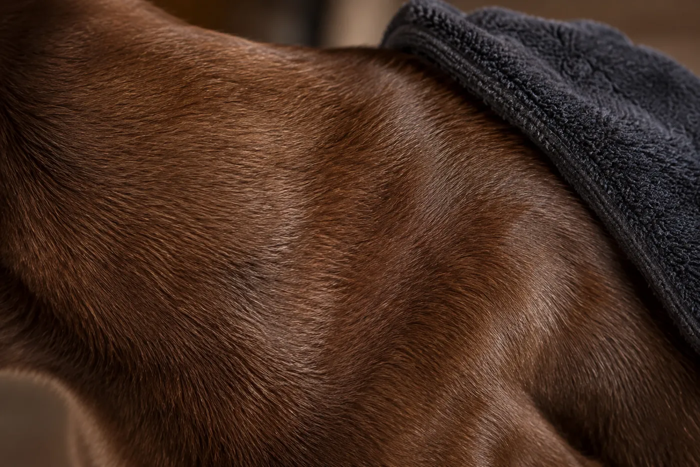 Close view of a glossy brown European Burmese coat being smoothed with a soft grooming cloth