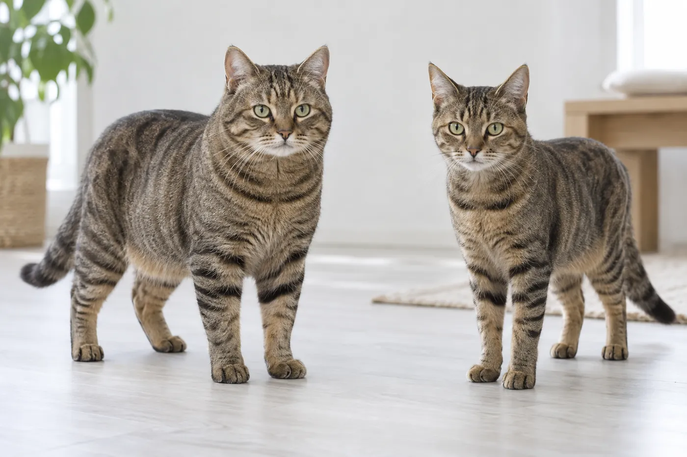A pedigree European Shorthair and a similar domestic brown tabby standing side by side