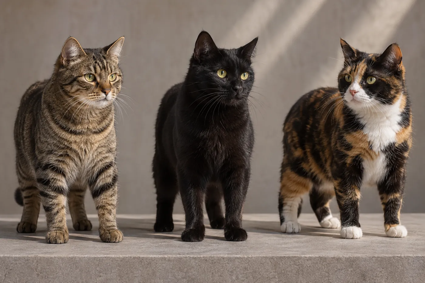 Three European Shorthair cats showing brown tabby black and tortoiseshell with white coats