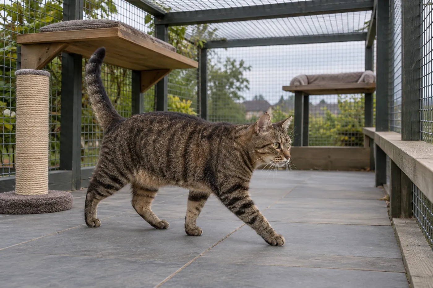 A European Shorthair following a connected route of floor play scratcher and window perch