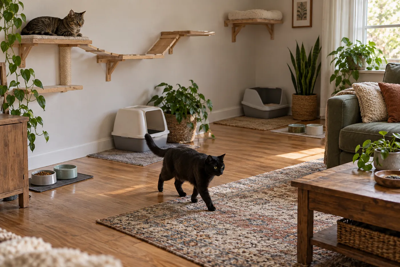 Two short-haired cats in one home, each with its own food, water, litter tray and high resting place set well apart