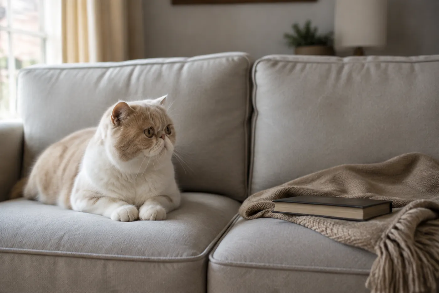 An Exotic Shorthair settled at one end of a sofa, beside an empty seat with a folded blanket and a book on it