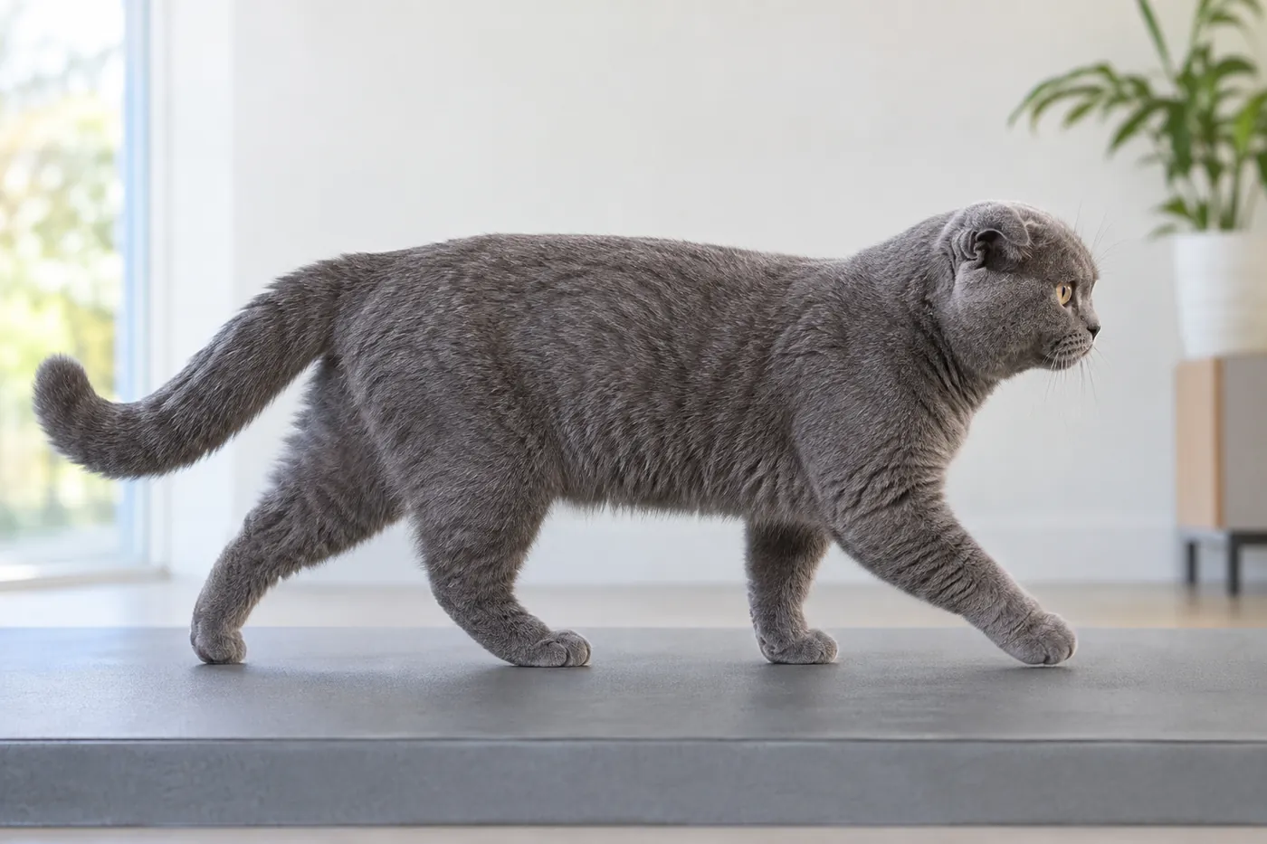 A Foldex walking naturally across a broad low non-slip platform while being observed from the side