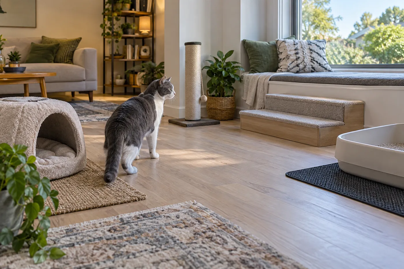A straight-ear Foldex choosing between a covered bed a scratching post and a low play route