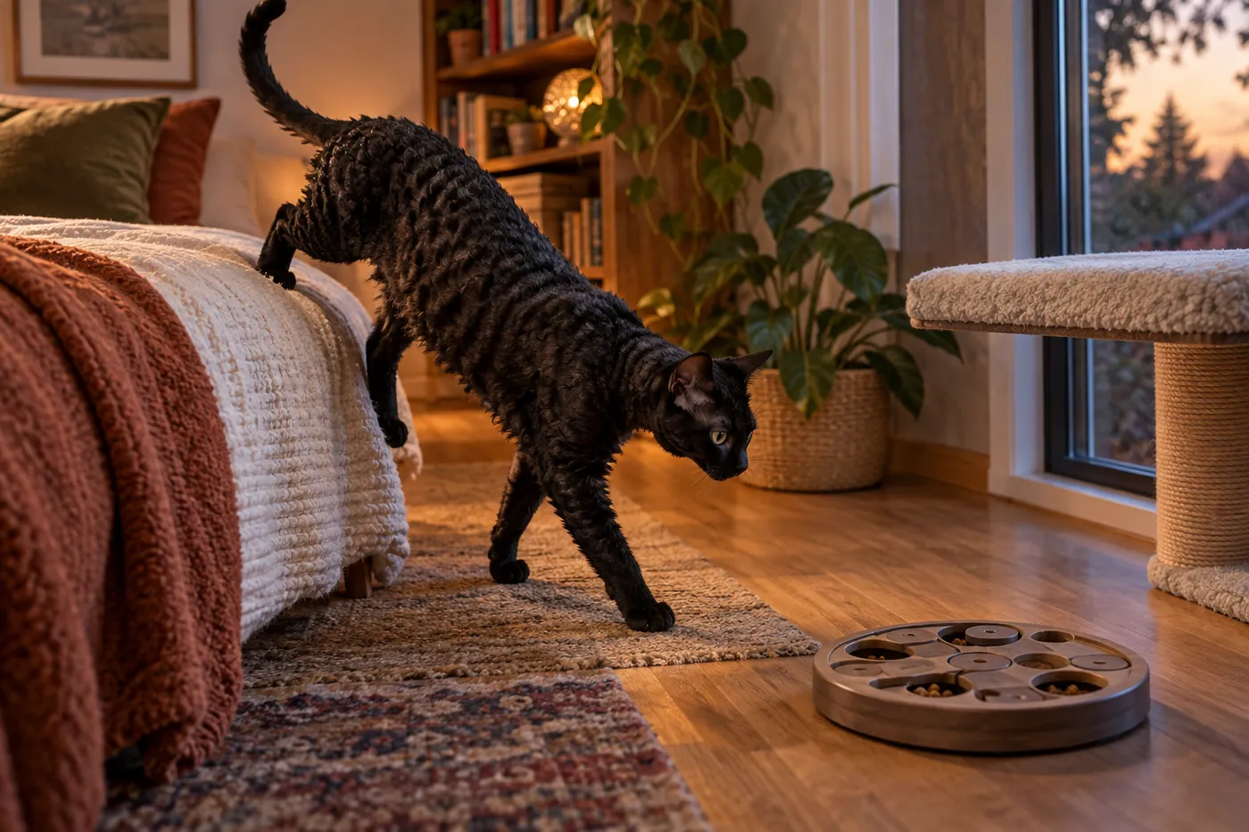 A German Rex moving between a broad window perch and a low food puzzle in a calm room