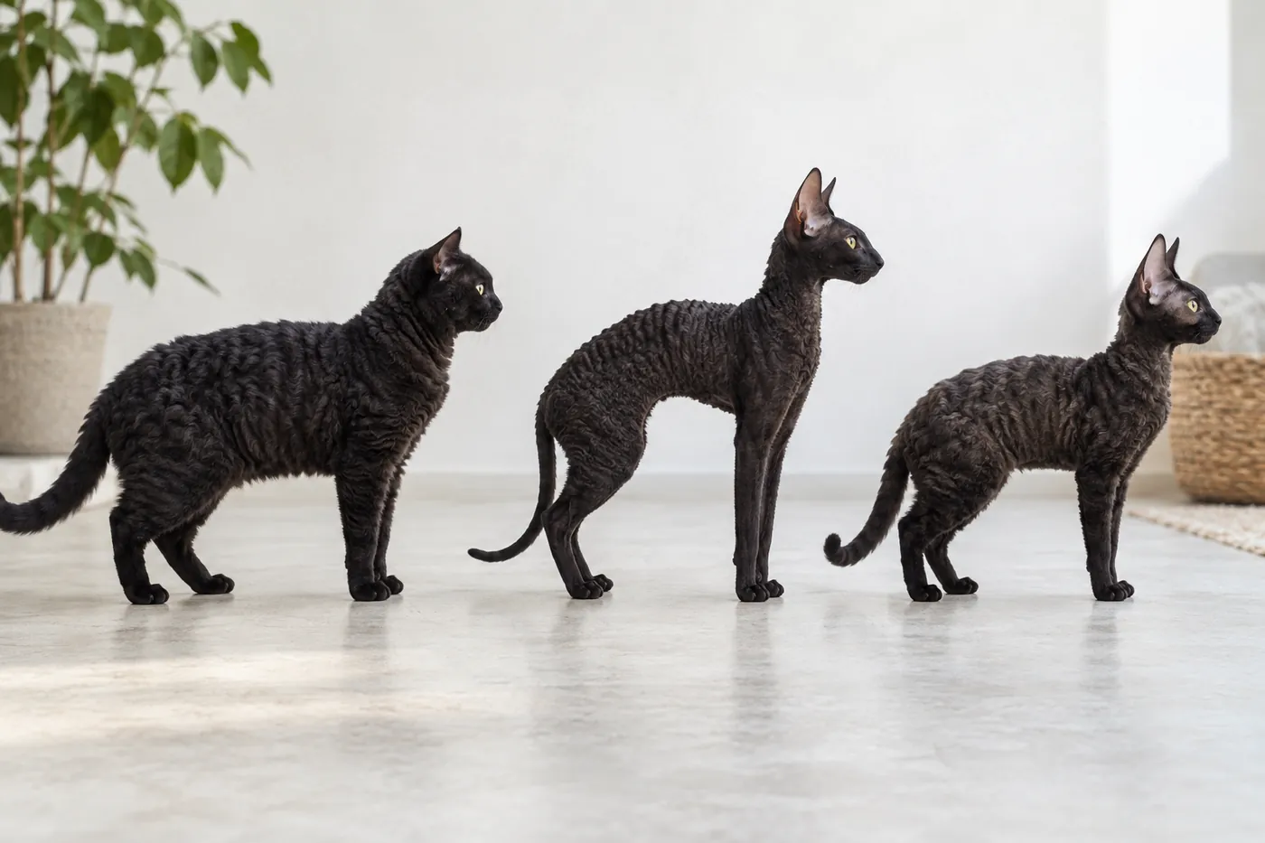 German Cornish and Devon Rex cats compared in side profile at equal scale