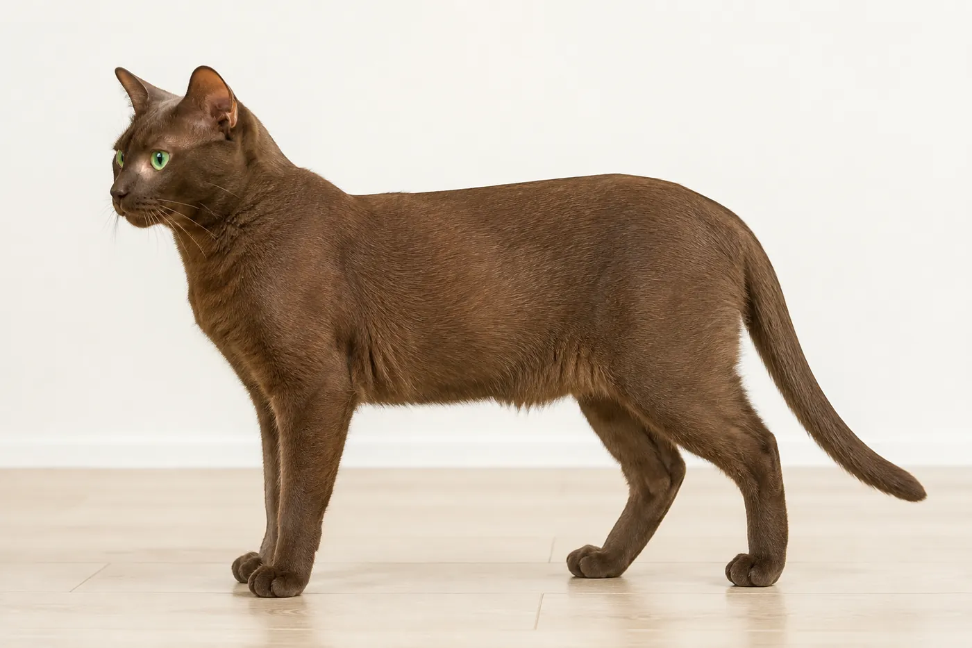 A Havana Brown standing side on, high on its legs, with a firm muscular body of medium length in one even shade of warm brown