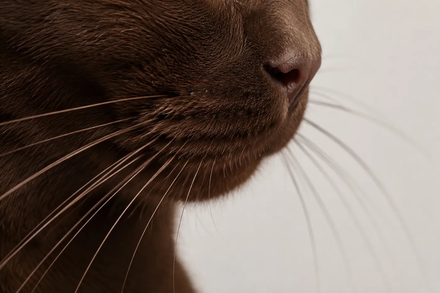 Close view of a Havana Brown muzzle, with brown whiskers running out against a pale background