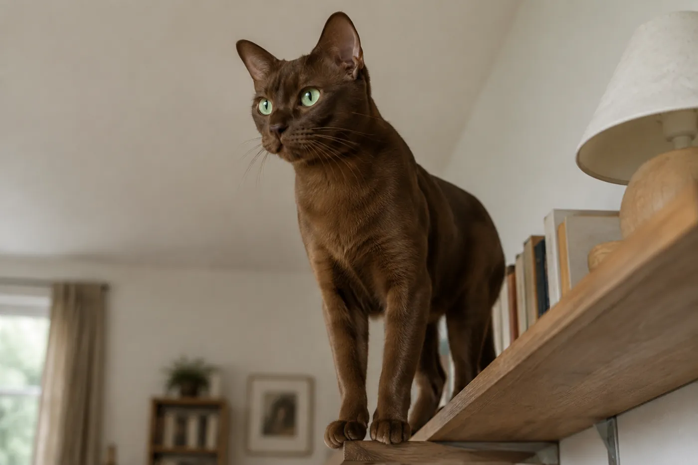 A Havana Brown standing on a shelf in an ordinary room, high on its legs