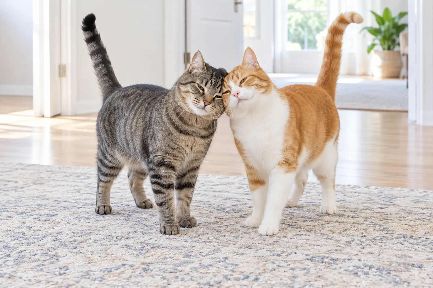 Two relaxed adult cats rubbing cheeks and foreheads together on a living-room rug with open floor around them